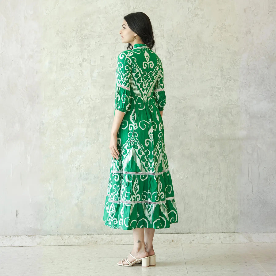 Back view of midi dress for women, showing flowing fabric and flattering cut.