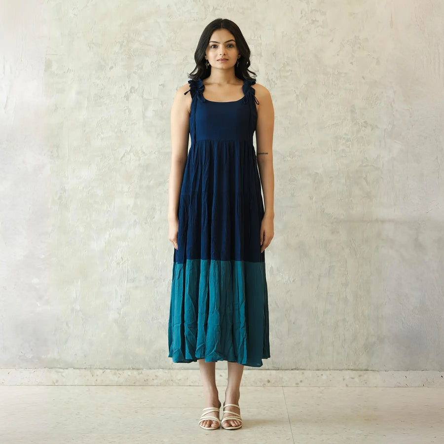 Dual-tone midi dress for women with a modern fit, perfect for vacations or casual gatherings.