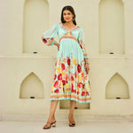 Model wearing a floral midi dress for women with 3/4 puff sleeves, standing front-facing — perfect for brunches and weekend outings
