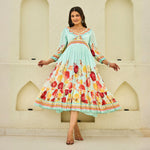 Breezy floral summer dress twirl pose showing the flowy A-line silhouette and puff sleeves, ideal for vacations.