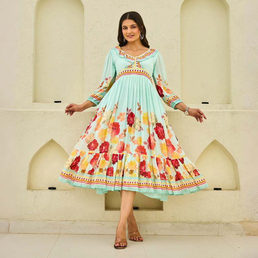 Breezy floral summer dress twirl pose showing the flowy A-line silhouette and puff sleeves, ideal for vacations.