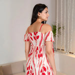 Back view of a lightweight scarlet leaf print midi dress, designed for summer comfort.