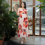 Model in a floral print dress with asymmetric neckline, styled as a western one piece dress for casual outings and brunch wear.