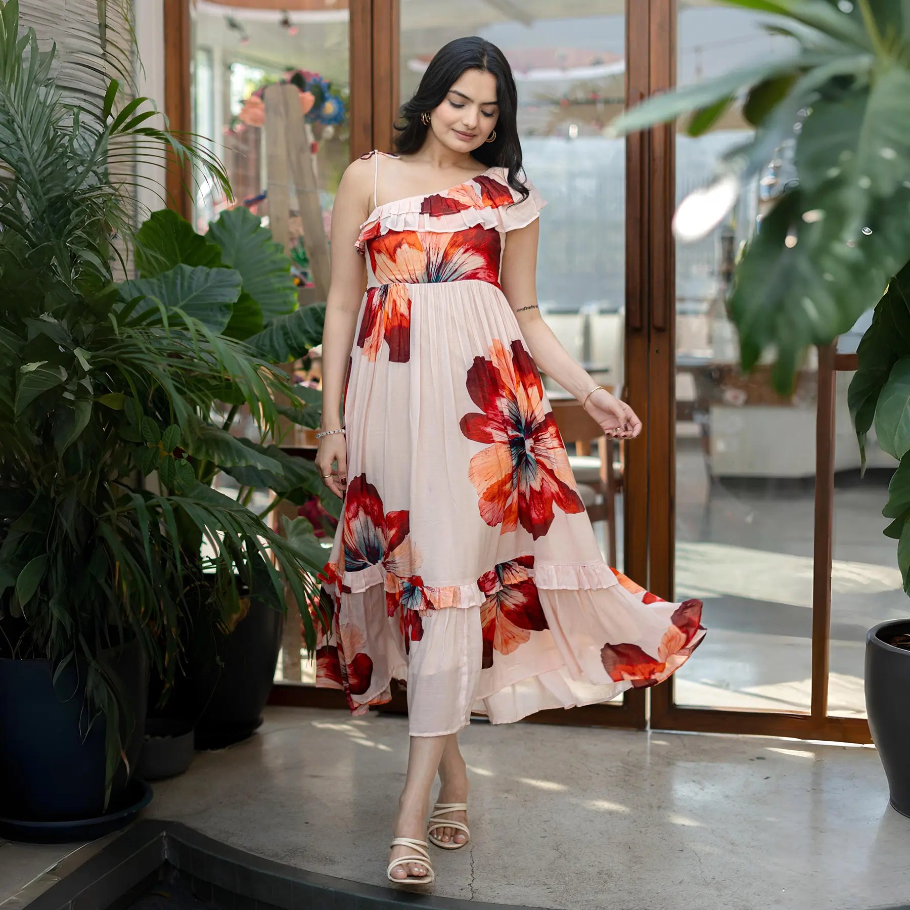 Flowing floral midi dress with one-shoulder design and A-line silhouette, perfect as a floral beach dress or summer birthday outfit.