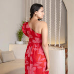 Back view of floral midi dress with one-shoulder detail, a chic western one piece style for modern women.