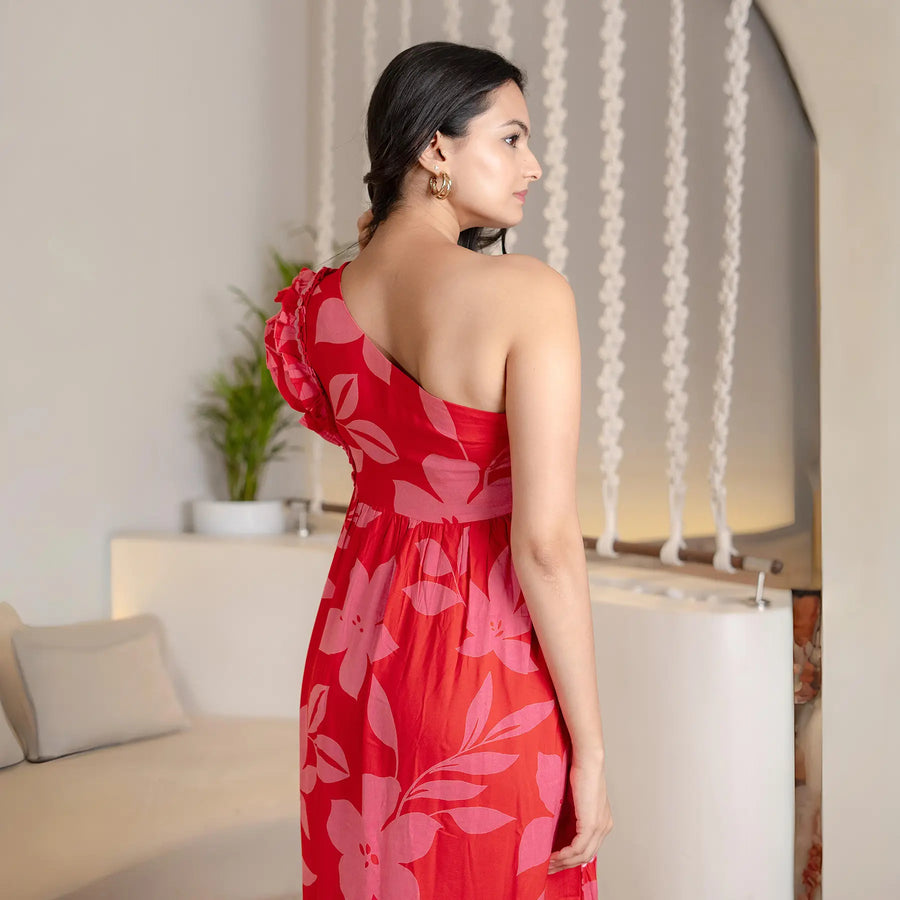 Back view of floral midi dress with one-shoulder detail, a chic western one piece style for modern women.