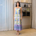 Straight front pose of Tropical Breeze A-Line midi dress, flowy and chic for summer outings.