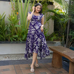 A-line floral print midi dress with ruffled neckline, styled for casual outings and summer birthdays.