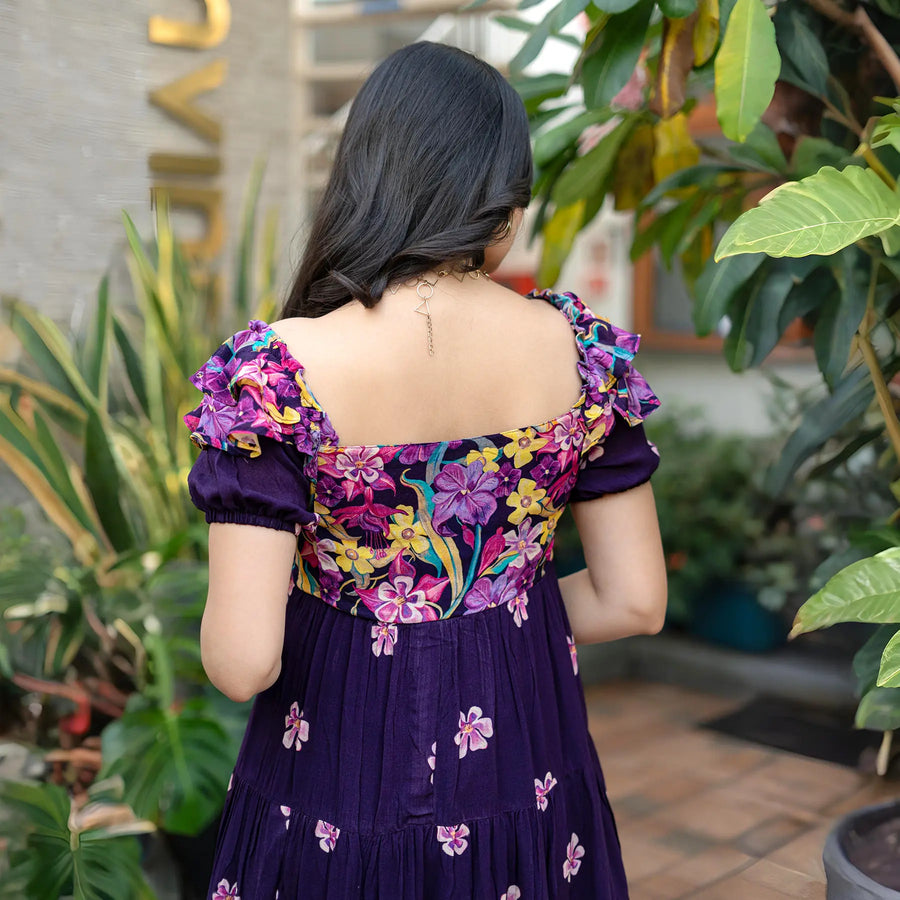 Back view showing embroidered floral short dress for women