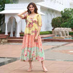 Front view of floral midi dress for women in soft pastel shades – perfect summer outfit