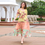 Walking view of floral midi dress for women – ideal for vacations, brunches, and garden walks