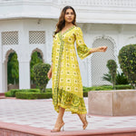 Side view of yellow dress for Haldi – ethnic printed sundress with sleeve detail, worn by model