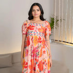 Close-up of floral print and square neckline midi dress for women.