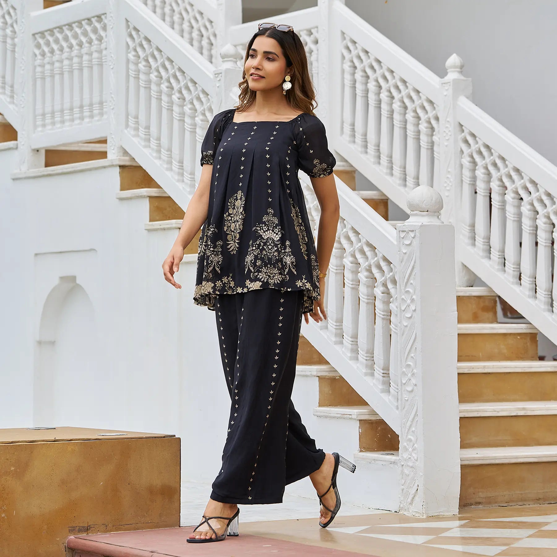 Women in modest printed co ord dress with ethnic print, ideal for Diwali and cultural functions.