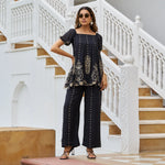 Elegant festive co ord set for women with gold print, ideal for Diwali parties and wedding events.